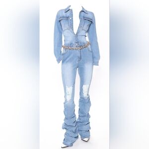 Fashion Nova Blue Denim Megan The Stallion Jumpsuit L Tall